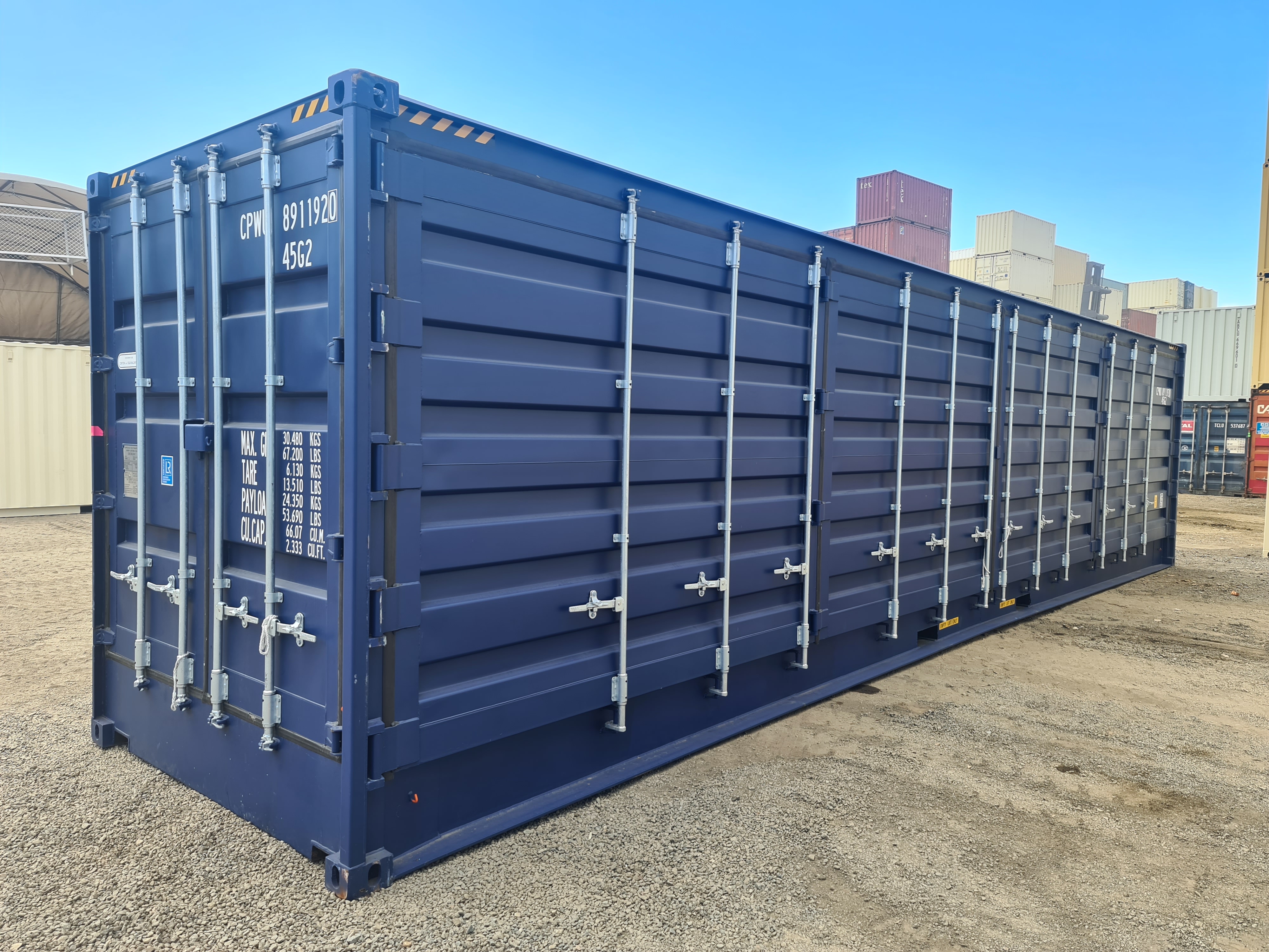 A blue 40ft hight cube open side container.